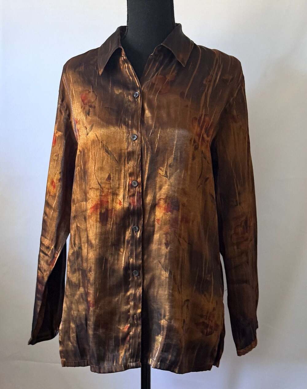 Chico's Size 1 Brown Dark Floral Metallic Button Down Shirt Whimsigoth